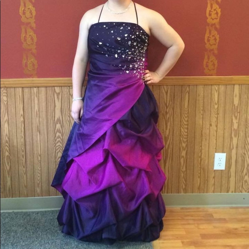 Purple and magenta beaded prom or formal dress